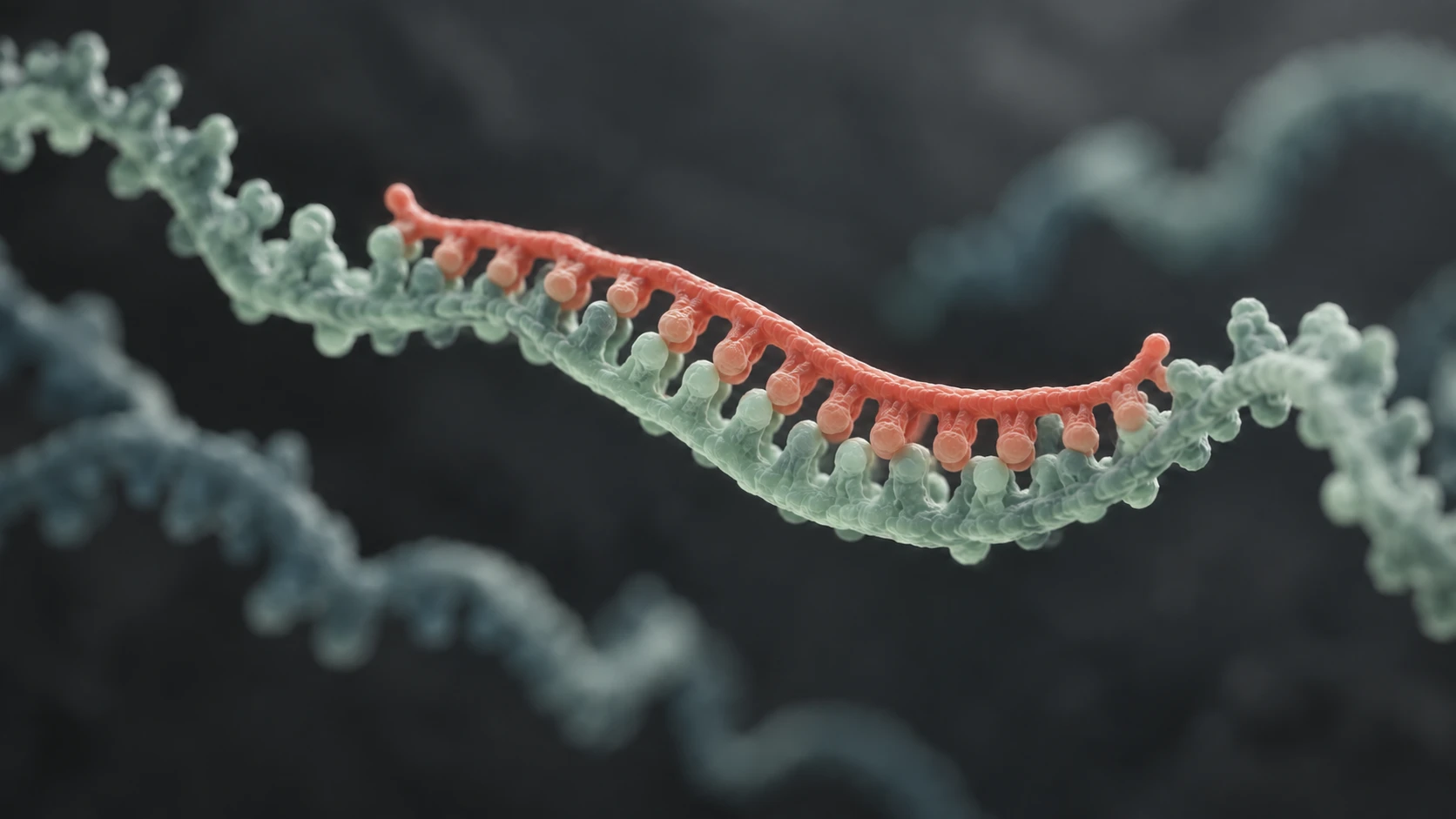 Artistic representation of a short antisense strand recognizing part of a longer RNA strand; not an exact molecular structure